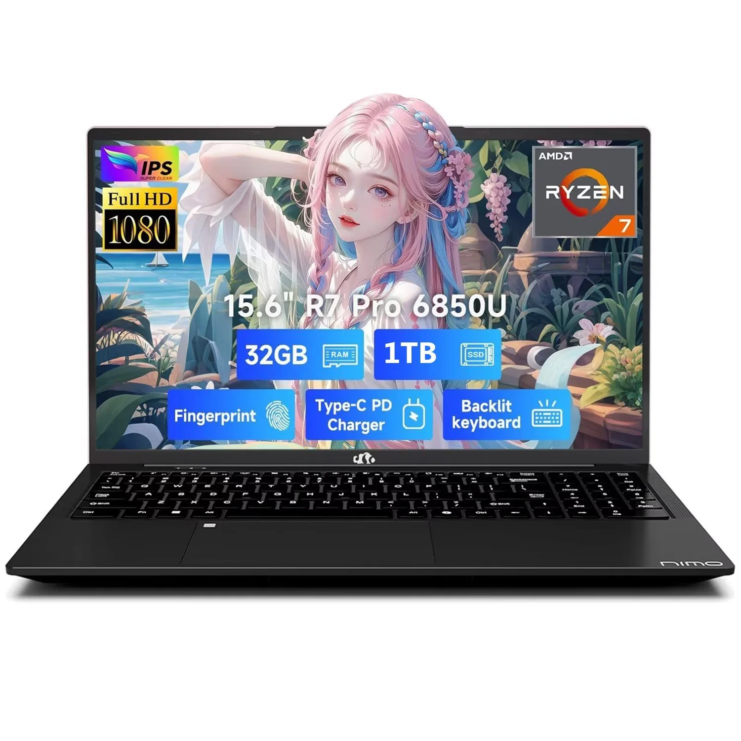 15.6" FHD Gaming Laptop, 8 Cores AMD Ryzen 7 Pro 6850U (Beat i7-1360P Up to 4.7GHz) 32GB LPDDR5 RAM 1TB SSD AMD Radeon 680M GPU IPS FHD Computer with 100W Type-C Backlit Keyboard Fingerprint Black