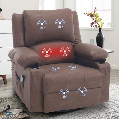 Massage Swivel Rocker Recliner with Heat, Overstuffed Faux Leather Recliners Modern Chair for Living Room, Single Sofa Rocking Chairs for Adults, Manual Lounge Recliner with Cup Holders, Beige