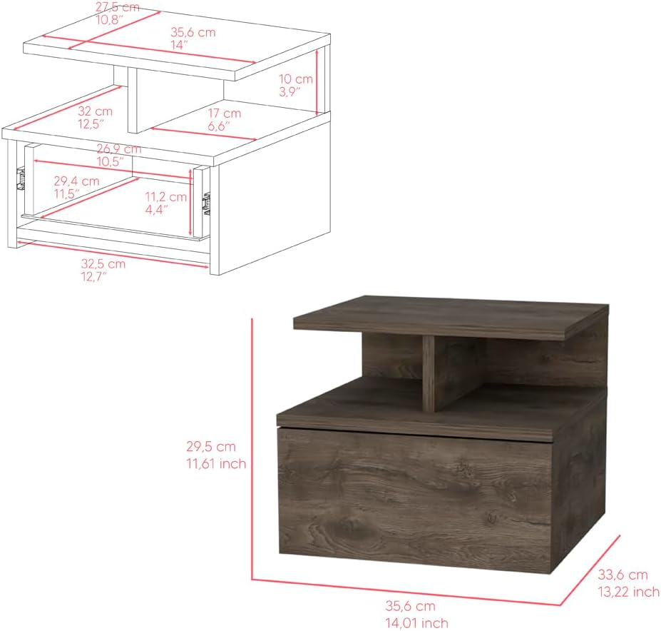 Flopini Floating Nightstand: Dark Walnut Finish with One Drawer for Modern Bedroom Organization