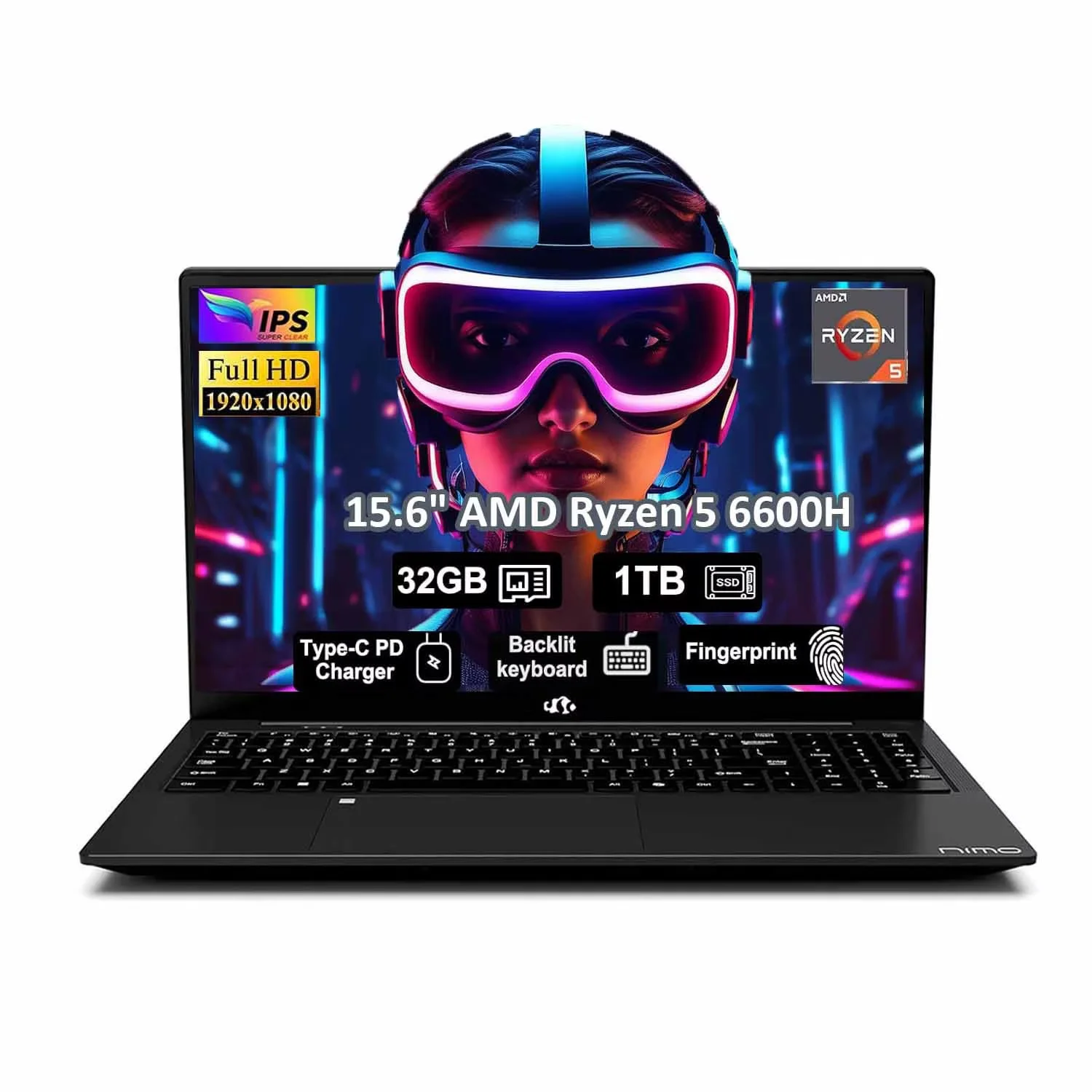 15.6" IPS FHD Laptop, 32GB DDR5 RAM 1TB SSD(Beat i7-1165G7, Up to 4.5GHz) AMD Ryzen 5 6600H 6-Cores 660M GPU Computer with 100W GaN Type C Fingerprint Backlit Keyboard Win 11