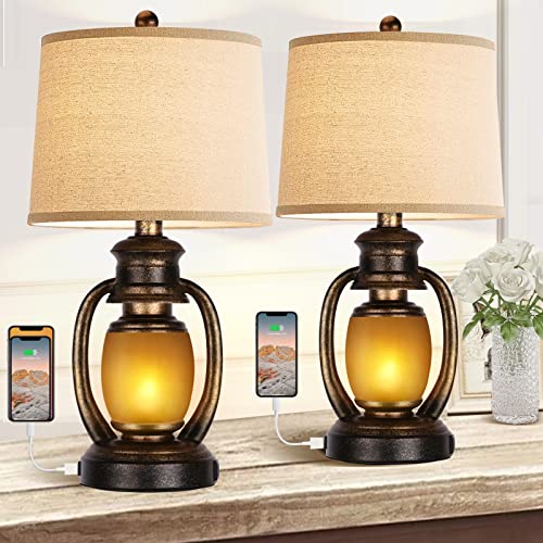 Hamucd Table Lamps for Bedroom Set of 2 Rustic Farmhouse Living Room Bedside Lamp with 2 USB Port and Outlet Black Nightstand Lamps with Nightlight Miner Lantern for End Table