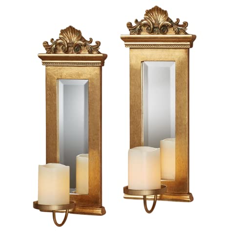 Acanthus Mirrored Wall Sconces Ivory Set of Two - Beveled Mirror - Large Ornate Candle Holder Pair - Elegant Wall Decor for Bedroom, Dining, Living Room - Stately Decor