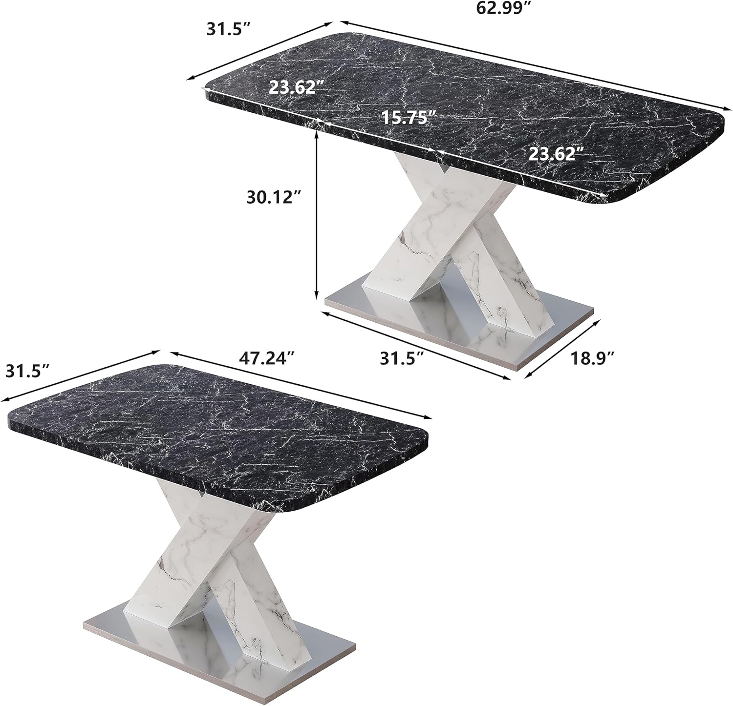 Modern Square Dining Table,Stretchable,Printed MarbleTable Top+MDF X-Shape TableLeg Metal Base, 1, Black White
