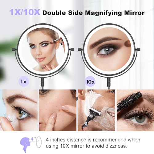 Rechargeable Wall Mounted Makeup Mirror - 8 Inch Double Sided 1X/10X Magnifying Mirror with 3 Color Lights Dimmable Touch Screen, 360°Swivel 19.6 Inch Extendable Accordion Bathroom Mirror - Nickel