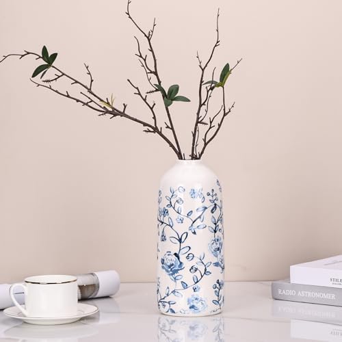 Blue and White Vase Ceramic Chinoiserie Floral Vase, Elegant Blue and White Home Aesthetic Vase Decor, Living Room Centerpiece, Entryway, Dining Table Centerpiece, Kitchen Decor (Large)