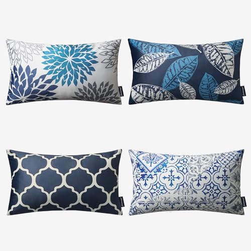 Phantoscope Set of 4 New Living Series Leaf Geometric Throw Decorative Velvet Pillow Cover Cushion Cover, Dark Blue 20 x 20 inches 50 x 50 cm