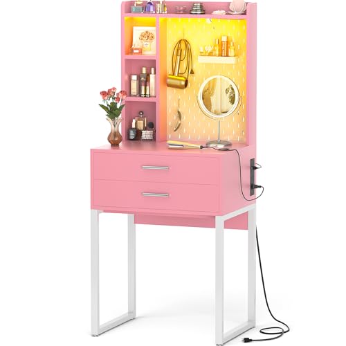 Small Vanity Desk with Hutch and Drawers, Pink Makeup Vanity Desk with Charging Station, Vanity Table Dressing Table with LED Lights, Vanity Desk No Mirror with Pegboard for Girls Women, 24