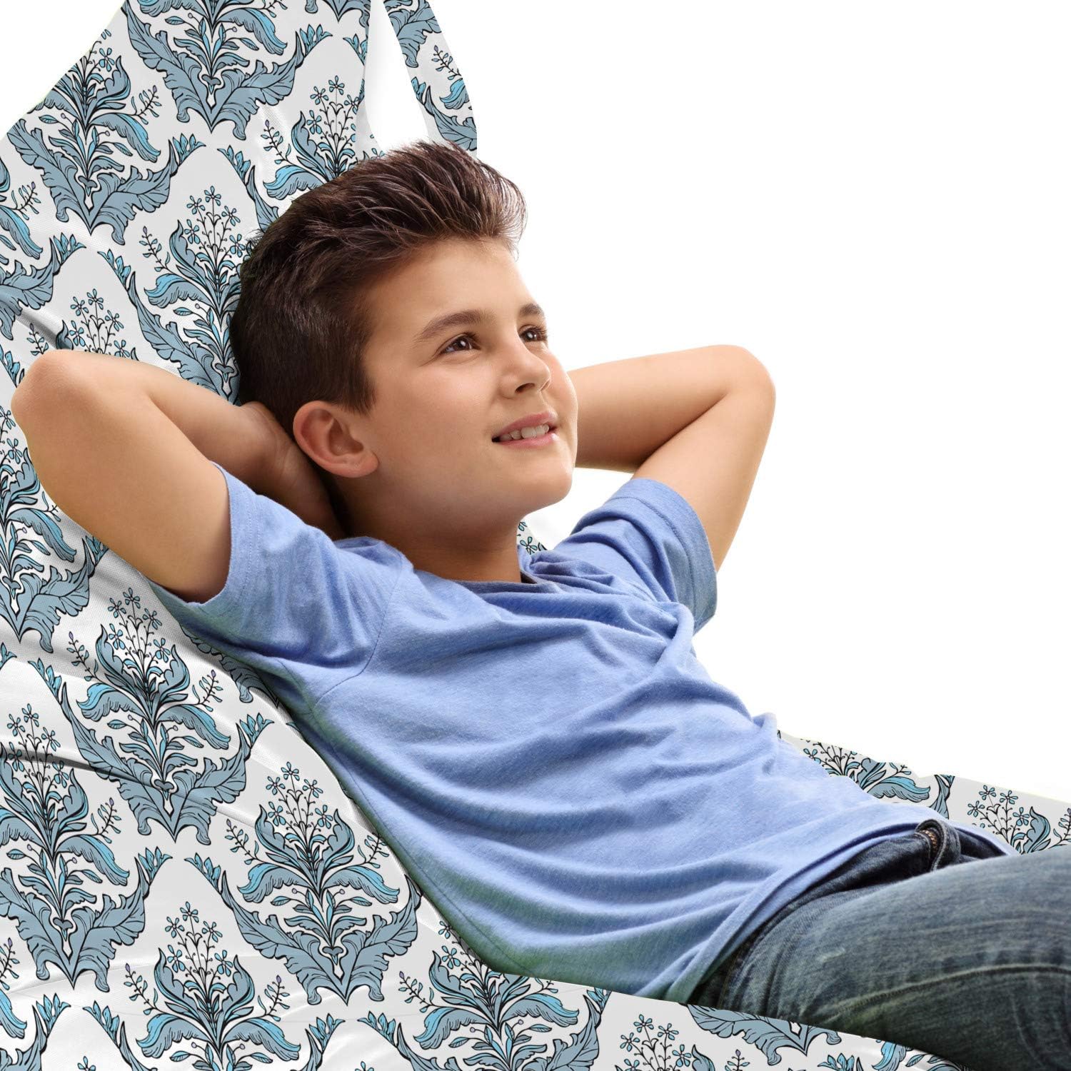 Ambesonne Winter Lounger Chair Bag, Damask Inspired Classical Flowers Botanical Old Fashioned Foliage Motifs, High Capacity Storage with Handle Container, Lounger Size, Grey Pale Blue White