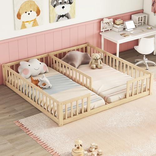 Double Twin Size Floor Bed with Fence, Wooden Floor Bed for 2 Kids with Guardrails,without Door, for Kids, Girls, Boys (Natural-@06)