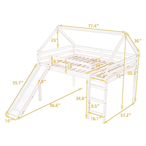 Twin Loft Bed with Slide for Small Room, 34.6'' Space under The Bed, Wood House Loft Bed with Roof and Safety Guardrails, Space Saving Bed Frame (White)
