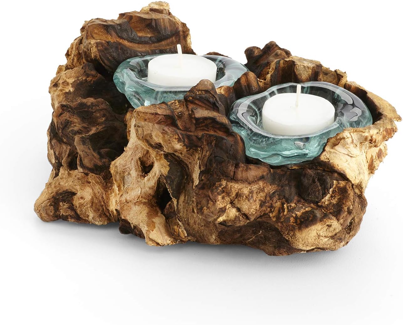 Cohasset Gifts 652-2 Cohasset Double Molten Candle Holder, Natural Wood and Recycled Glass