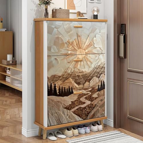3 Drawer Shoe Cabinet, Artistic Shoe Cabinet, Mid Century Cedar Cabin Art Autumn Gold to Frosted Blue Wood Shoe Rack Organizer for Entryway Slim (31.5”W x 9.45”D 46”H)