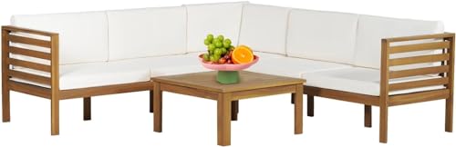 PayLessHere Patio Furniture 4 Pieces Outdoor Furniture L-Shaped Sectional Sofa Conversation Sets Patio Corner Set with Coffee Table Acacia Wood and Waterproof Cushion (Khaki)