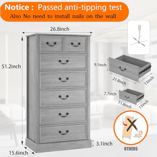 Farmhouse 7 Drawers Dresser for Bedroom, Wood Dresser Chest of Drawers Organizer Storage, Rustic Tall Dresser Chest of Drawer for Living Room, Closet, Hallway Children's Room