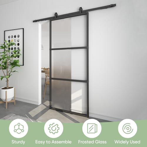 BARNSMITH 36in x 84in Frosted Glass Barn Door with 6FT Top Mounted Hardware kit Include Soft Close Mechanism Black Carbon Steel Tempered Frosted Glass Sliding Door, Assemble Required Easy Installation