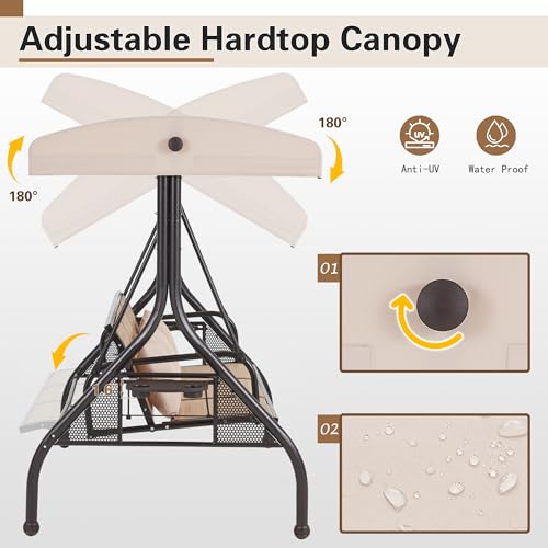 HOMREST 3 Seat Outdoor Porch Swing,Adjustable Canopy Porch Swings,Outdoor Swing with Stand, Patio Glider Chair with Thicken Cushions,Pillow & Cup Holder(Brown)