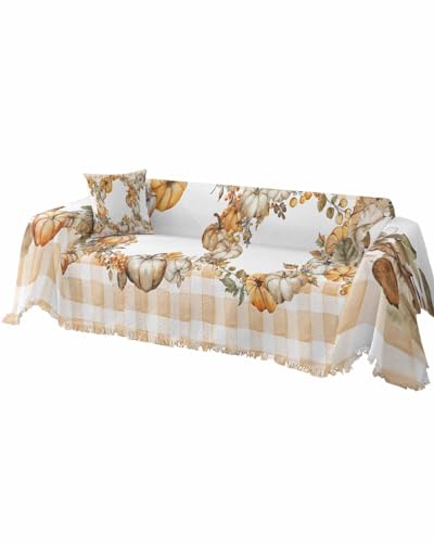 Fall Thanksgiving Cover Couch Covers for 3-4 Cushion Couch Throw Couch Cover Tassel Soft Slipcover Autumn Pumpkin Leaf Black White Buffalo Check White Couch Furniture Protector for Dog Pet 71