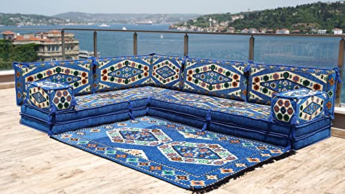 Royal Blue Floor Sofa Seating Set, L Shape Corner Arabic Sofa Set, Oriental Floor Seating, Floor Cushions, Living room Sofa, Arabic Majlis, Moroccan Jalsa (L Sofa Full Set)