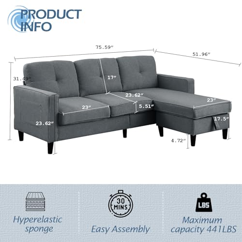 Sectional Sofa for Living Room 76inch Small Space Couches 3 Seater Sofa L shaped Chaise Loveseat Linen Fabric Comfy Couch Chairs with Reversible Ottoman Bench for Home, Apartment, Dorm, Office (Grey)