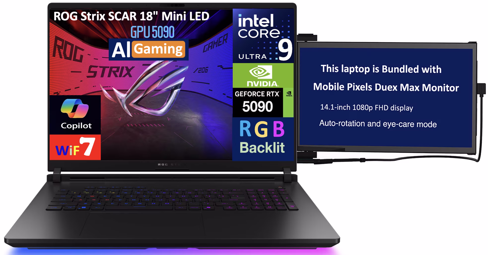 ASUS ROG Strix SCAR AI Gaming Laptop 18in 240Hz Mini LED WQXGA Display (Intel Ultra 9- 275HX, NVIDIA GeForce RTX 5090 24GB, 32GB DDR5, 8TB PCIe SSD, RGB KB, Win 11 Pro) w/Duex Max DS Monitor