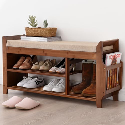 OAKHAM Bamboo Entryway Shoe Storage Bench, Entry Bench with Hidden Drawer and Side Holder, Shoe Rack for Hallway Living Room, Brown, 39''W