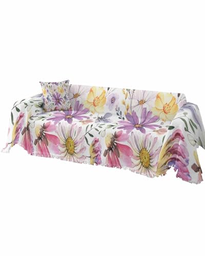 Floral Pink Purple Sofa Cover Couch Covers for 3-4 Cushion Couch Throw Couch Cover with Tassel Soft Sofa Slipcover Spring Summer Flowers Butterfly White Couch Furniture Protector for Dog Pet 71