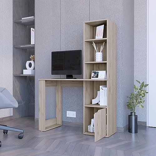 Small Writing Desk with 4-Tier Storage Shelf & Single Door Cabinet Wood Office Desk with Bookshelf 2 In 1 Compact Study Computer Table Workstation w/ Open Style Shelves for Small Space (Light Brown)