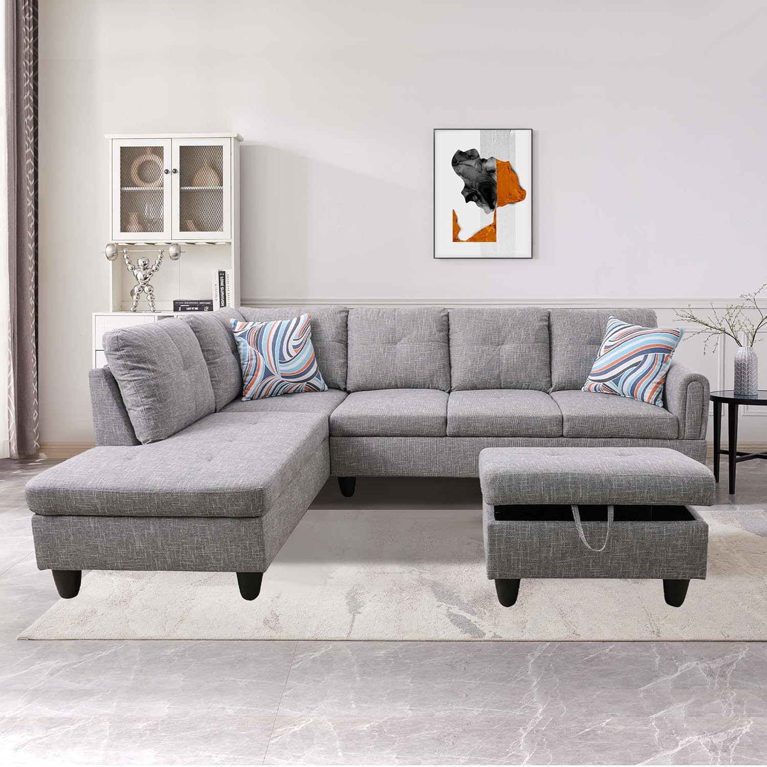 3-Piece Flannel Sectional Sofa Set with Left Facing Chaise and Storage Ottoman, Pillow, L-Shaped Couch for Living Room, Office, Apartment, Grey