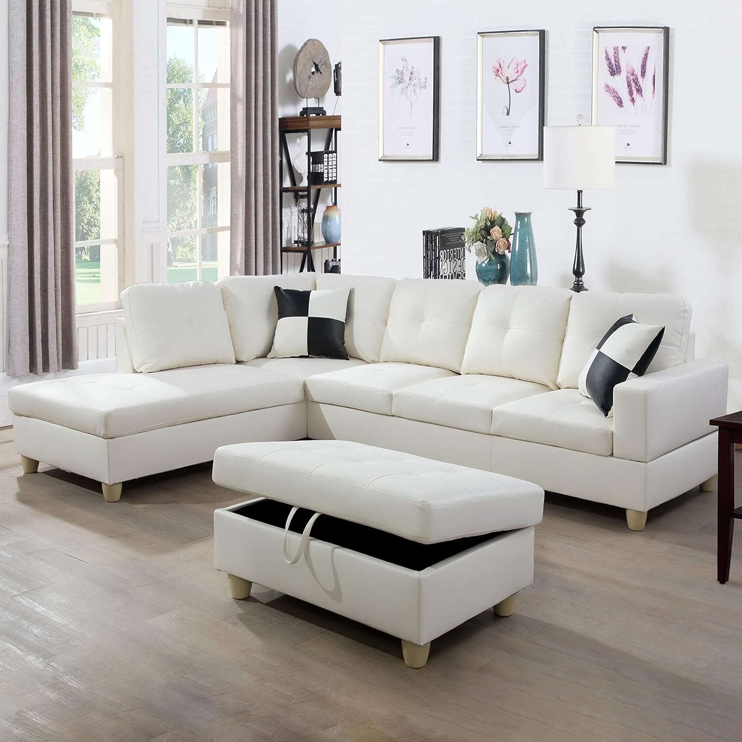 UBGO Living Room Furniture, L-Shape Ottomans and Chaise Lounge,Modular Sectional Couch,3-Piece Sofa Set for small spaces, White Faux Leather