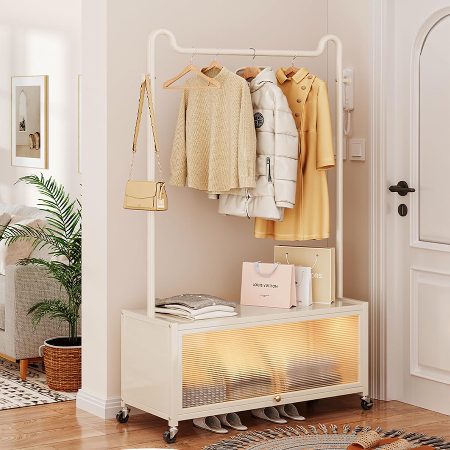 Garment Rack with Large Storage cabinet Heavy Duty Metal Freestanding Closet Organizers with Shelves and Hooks Rolling Clothes Storage Cart, Coat Rack, for Bedroom, Laundry Room, Living-room