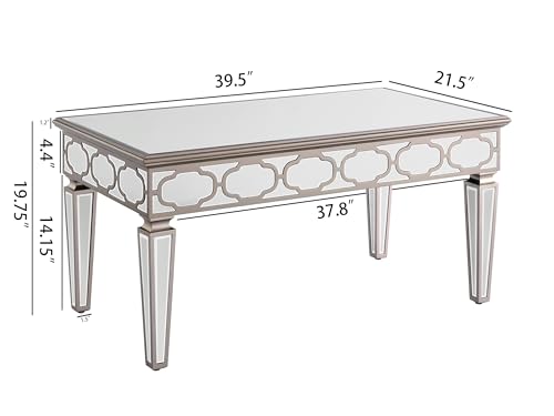 LUMISOL Glass Mirrored Coffee Table with Crystal Design, Modern Rectangle Silver Table with Adjustable Height Legs for Living Room, Silver