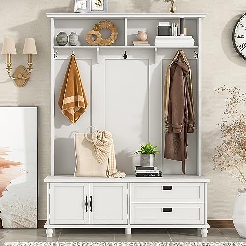 60 Inch Entryway Hall Trees with Hooks, 4-in-1 Storage Shelves and Shoes Bench, Freestanding Closet Organizer with Coat Rack & 24 Shoe Cubbies for Hallway, Bedroom (White, with Large Drawers)