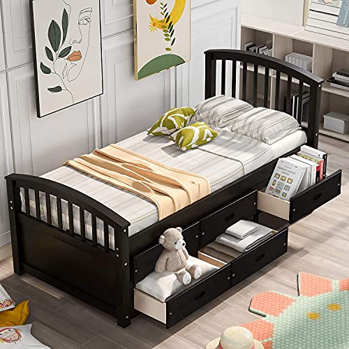 Twin Captains' Bed, Twin Daybed with 6 Storage Drawers, Twin Wood Platform Bed Frame with Headboard and Footboard for Kids Boys Girls Teens Adults, No Box Spring Need, Espresso