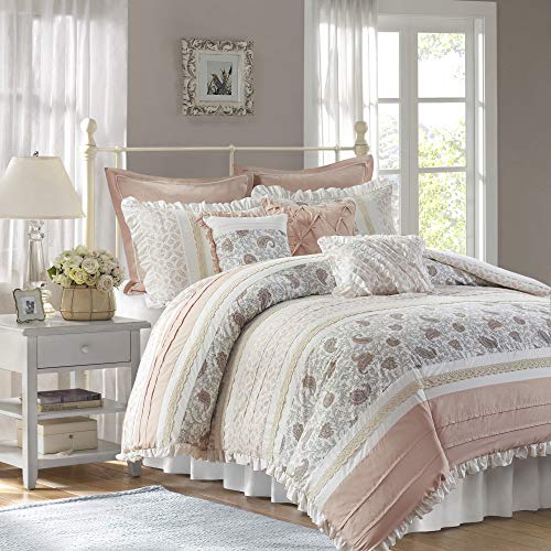 Madison Park Comforter Set, Seersucker Floral Queen Size Comforter Sets, Microfiber Comforters, All Season Lightweight Comforter, Throw Pillows, Caralie, Full/Queen Aqua 5 Piece