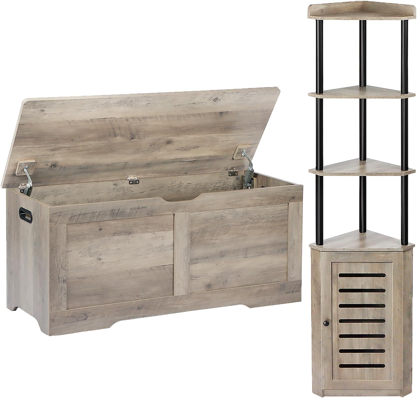 Storage Chest and Corner Shelf Bundles, Large Toy Box, Wooden Storage Bench, Tall Corner Bookshelf for Living Room, Home Office, Grey