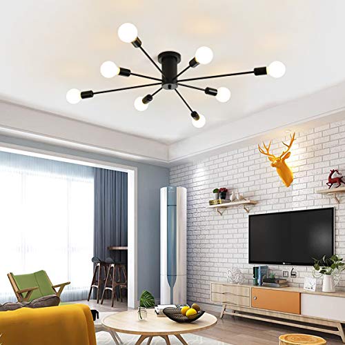 Garwarm 8-Light Sputnik Chandelier Black Industrial Semi Flush Mount Ceiling Light Fixture Mid Century Modern Pendant Light for Kitchen Farmhouse Living Room