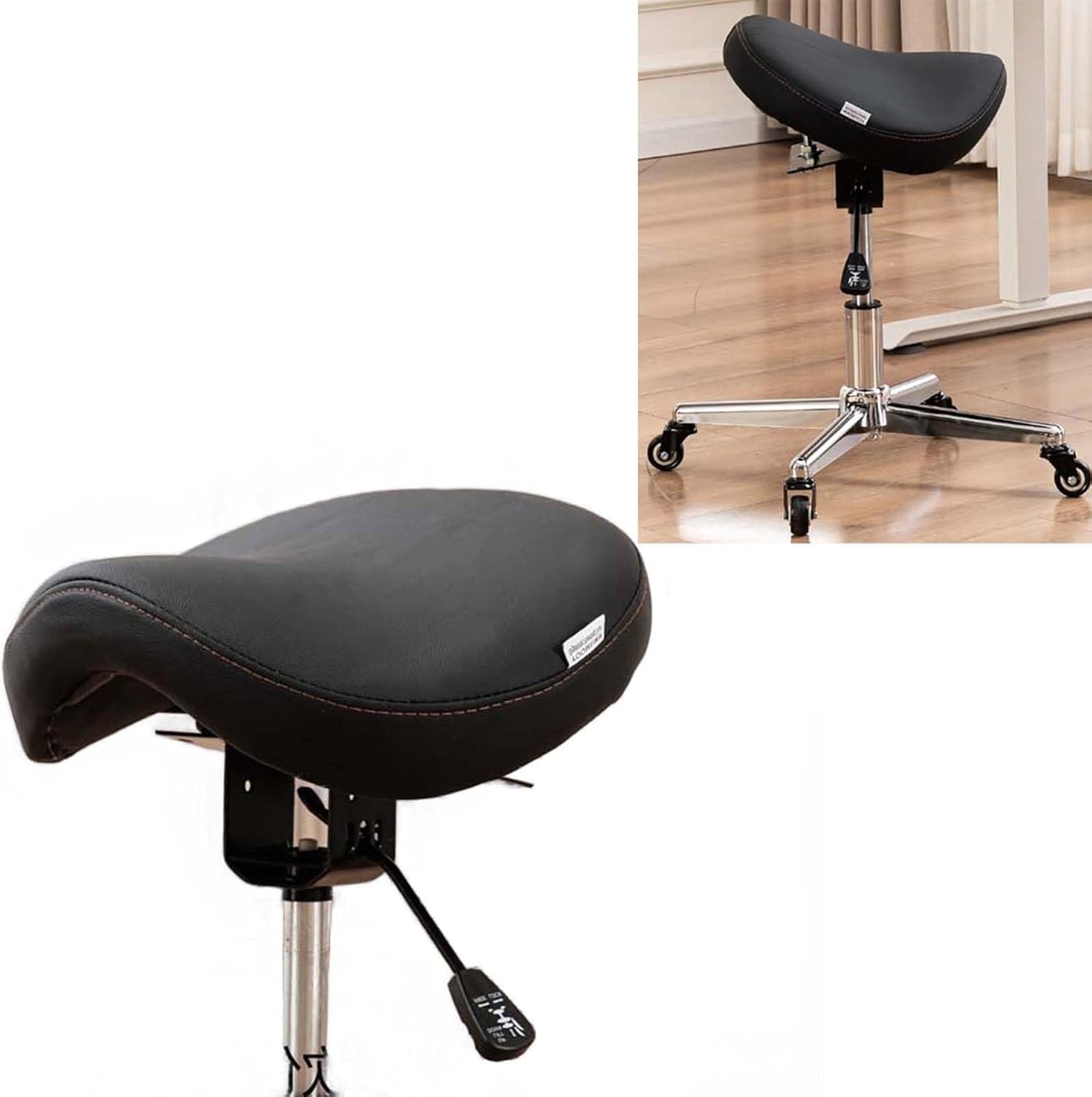 Swivel Rolling Saddle Stool Leather Salon Chair, Home Office Clinic Lifting Saddle Chair, Black Ergonomic Tilt Seat for Dentist, Hair Stylist, Hygienist