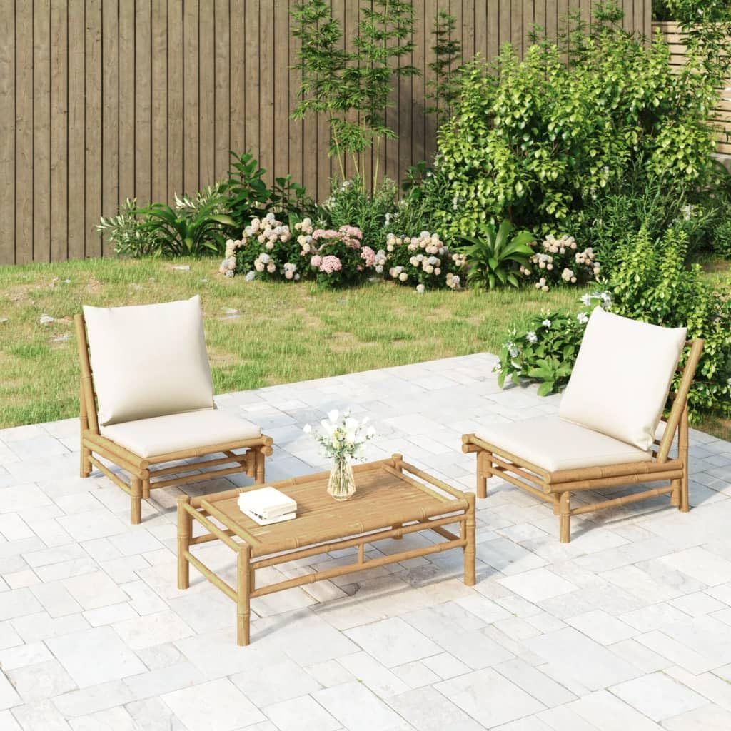 Patio Dining Table Outdoor Patio Furniture Set Bistro Set Patio Furniture Sectional 3 Piece Patio Lounge Set with Cream White Cushions Bamboo Suitable for Outdoor, Apartment, Balcony, Tavern