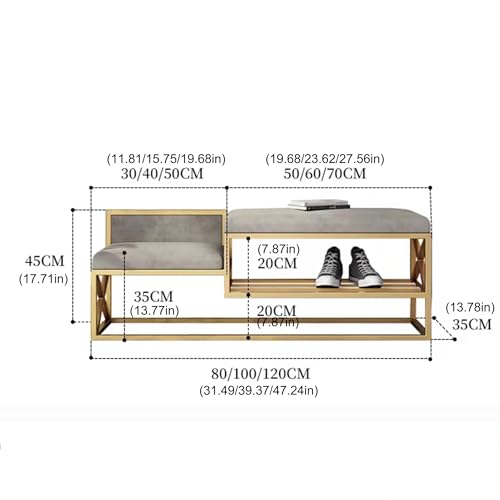 Entryway Shoe Storage Bench Shoe Rack Organizer Ottoman Bench Shoe Cabinet Bedroom End of Bed Bench Metal Frame for Front Door Entrance Living Room Bedroom Closet(Gold/Grey,120cm)