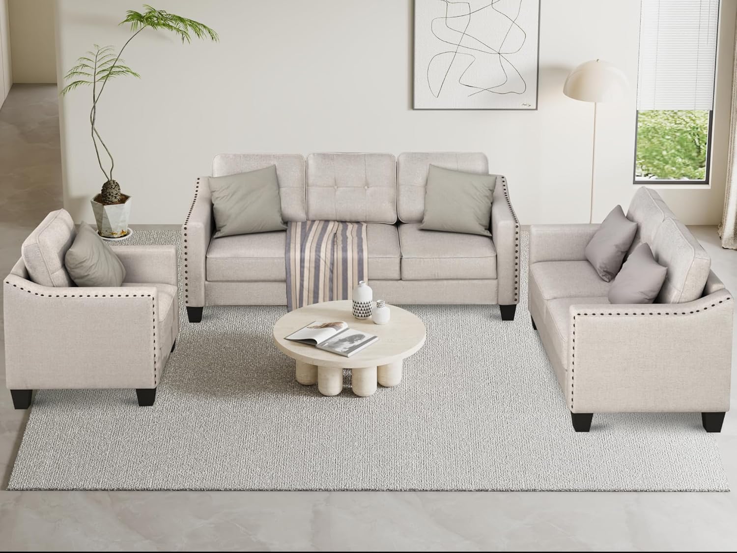 Furniture, 6 Seat Corner Velvet Sectional Couches with Soft Back Cushions and Strong Wooden Leg, 3-Pices Combination Sofa Set for Living Room/Apartment/Office, Warm Grey