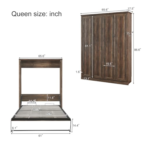 Wood Murphy Bed Cabinet Space-Saving Wall Bed Perfect for Apartments and Home Office (Murphy Bed,Queen,Brown)