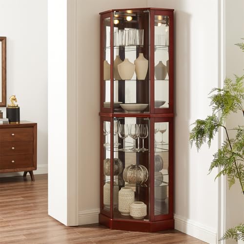 Lighted Display Cabinet Corner Curio Cabinet with Mirrors and Adjustable Shelves, 6-Tier Curio Showcase Floor Stand Collection Art Display Case for Bar Living Room Kitchen Pantry (Cherry)