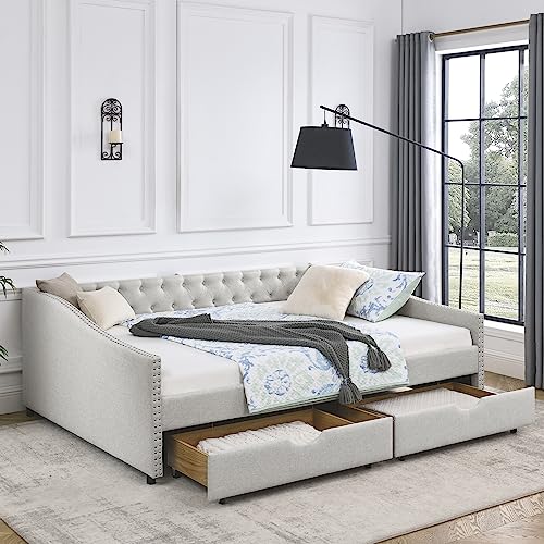 Upholstered Daybed with Drawers, Modern Fabric Full Size Button Tufted Daybed Frame Sofa Bed, No Box Spring Needed, Space Saving, Beige