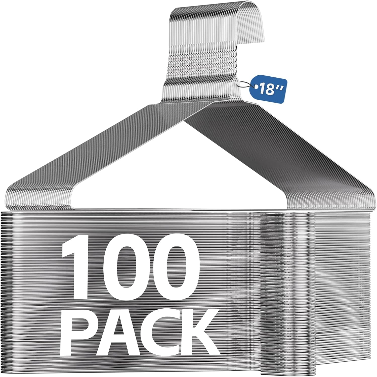 18'' Wire Hangers 100 Pack, Metal Wire Clothes Hanger Bulk for Coats, Space Saving Metal Hangers Non Slip 12 Gauge Ultra Thin for Standard Size Suits, Shirts, Pants, Skirts-Silver