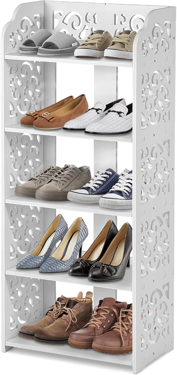 White Shoe Rack, 5 Tier Modern Wooden Shoe Storage Shelf Wood Narrow Shoe Stand Organizer for Home Living Room Bedroom Hallway Entryway Closet