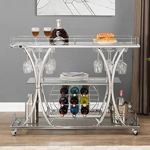 KIVENJAJA Gold Bar Cart, Kitchen Serving Cart with Wine Racks & Glass Holder, 3-Tier Mirrored Shelves Metal Frame Mobile Coffee Wine Barcart Trolley on Wheel for Home