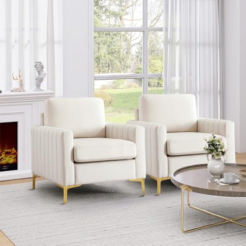 SLEERWAY Tufted Velvet Accent Chair Set of 2, Mid Century Modern Sofa Chair Comfy Living Room Furniture Set Bedroom Club Lounge Reading, 5.5 inch Cushioned, Golden Legs, Beige