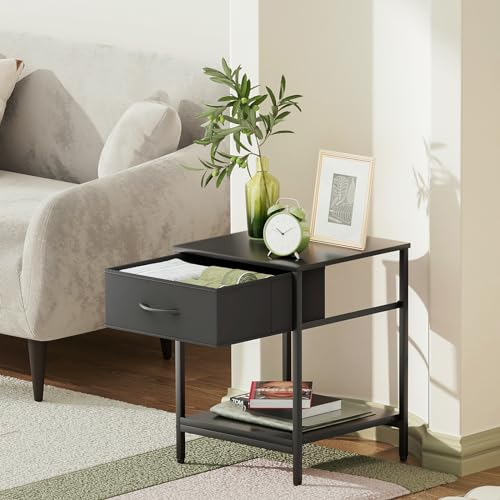 Athena Collection Single Drawer Nightstand Chest Storage with Open Shelf, End Table with Drawer, Bedside Table with Steel Frame for Bedroom, Dorm, Living Room, Hallway, Gray