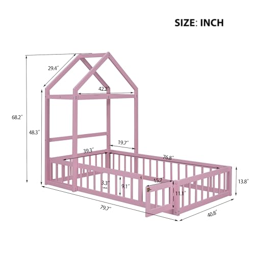 Twin Size Floor Bed with Door and Fence for Kids, Wooden Twin Size Children's Bed with Detachable Headboard and Integrated Clothes Drying Rack, Natural