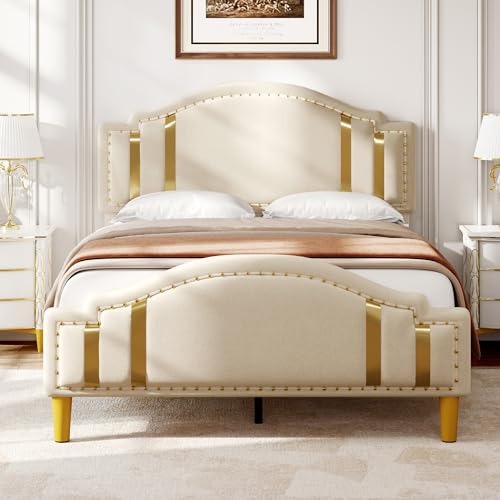 YITAHOME Queen Velvet Bed Frame with Adjustable Headboard, Upholstered Headboard and Footboard, Stable Metal Base & Sturdy Wood Slats, No Box Spring Needed Easy Assembly, Beige